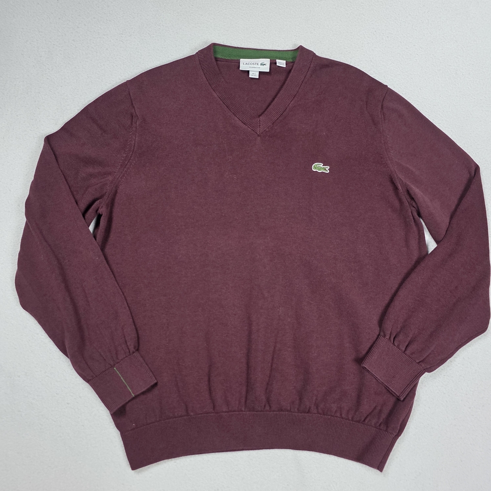 Lacoste V Neck Sweater Men's Size XL Burgundy Red Long Sleeve 100% Cotton Preppy